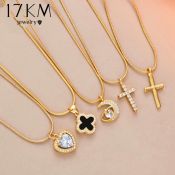 17KM 18K Gold Necklace - Clover Heart Tulips Pendant