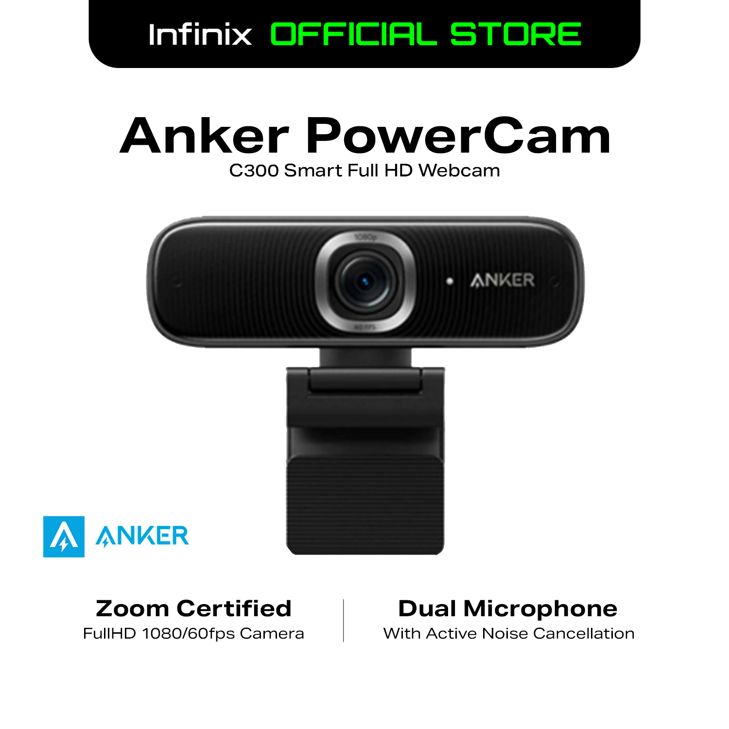 Infinix Anker PowerCam C300 Smart Full HD Webcam, 1080p 60 FPS, Noise Cancelling Microphone