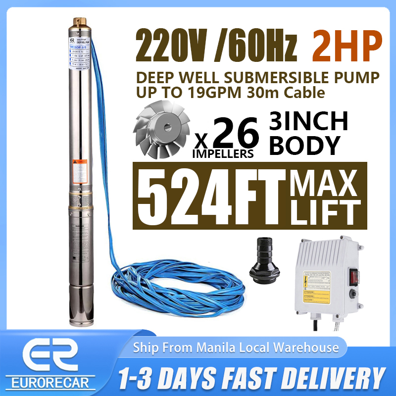 EURORECAR 220V 2HP Submersible Pump Household High Lift Stainless Steel 3inch Deep Well Suction Water Pump 524ft 19GPM