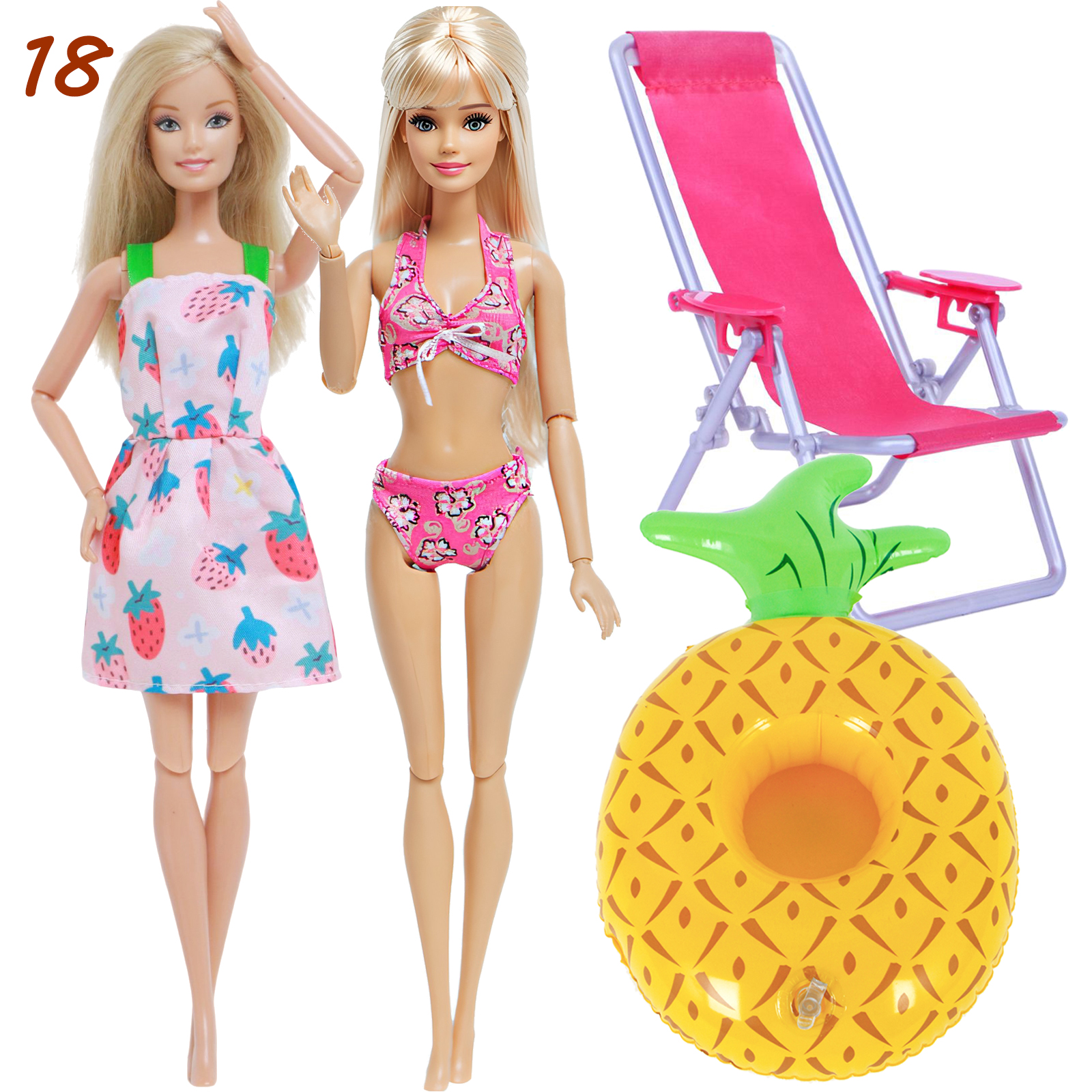 Doll Accessories 4 Items = 2x Swimwear Bikini + 1x Beach Chair + 1x  Inflatable Swim Ring Clothes for Barbie Doll Kids Toy Set