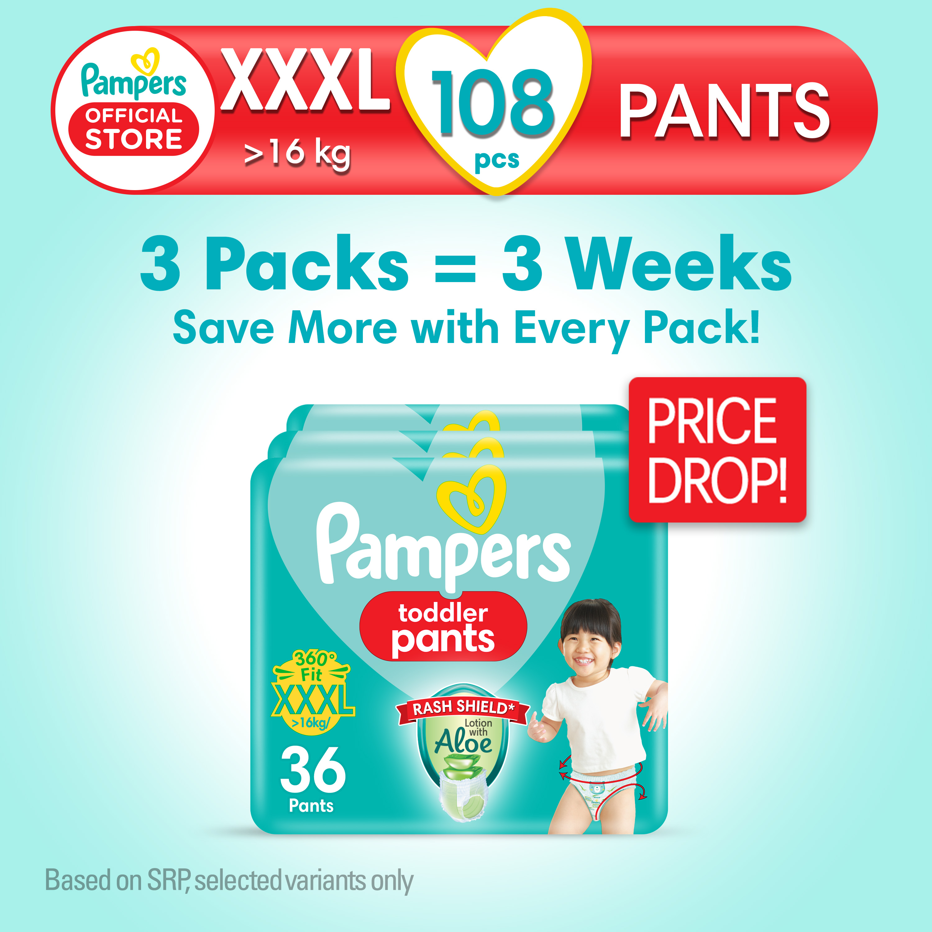 Pampers Baby Dry Pants Diapers with Rash Shield XXXL 36s x pack