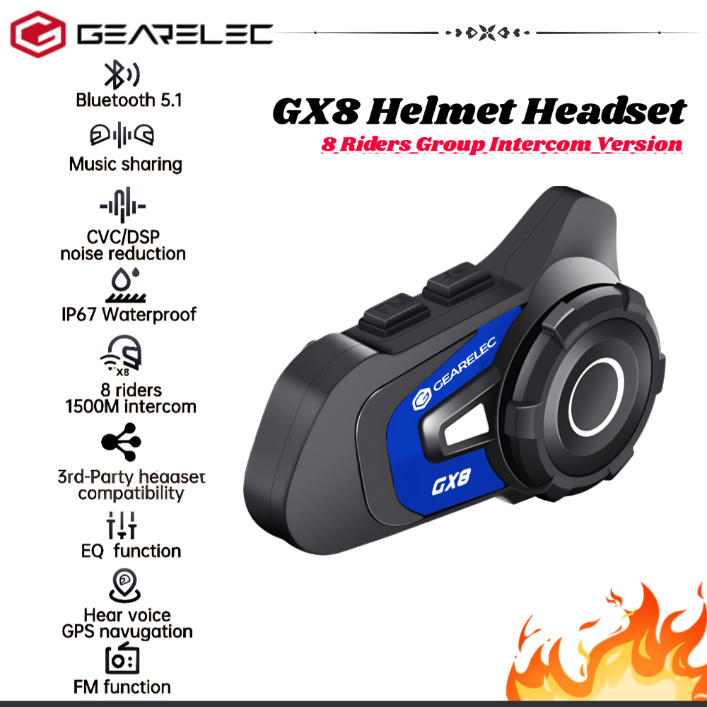 GEARELEC GX8 Bluetooth Intercom Headset - Motorcycle Helmet Communication