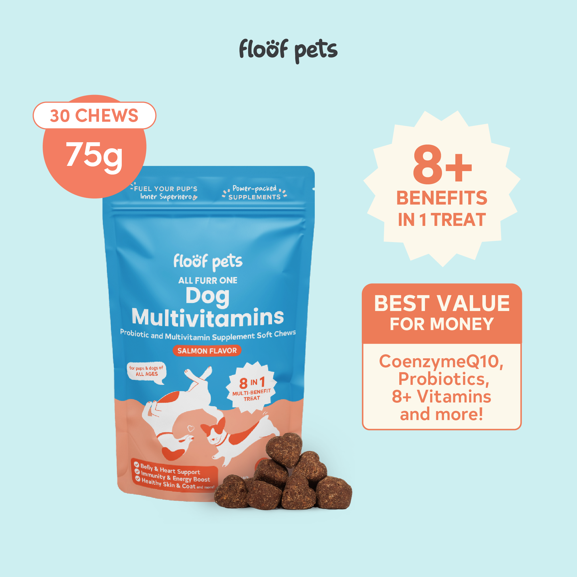 Floof Pets 8in1 Dog Multivitamins 75g, 30 chews Dog probiotics, Dog  Vitamins for Immune System, Multibenefit Dog Health Supplements, Appetite  Booster