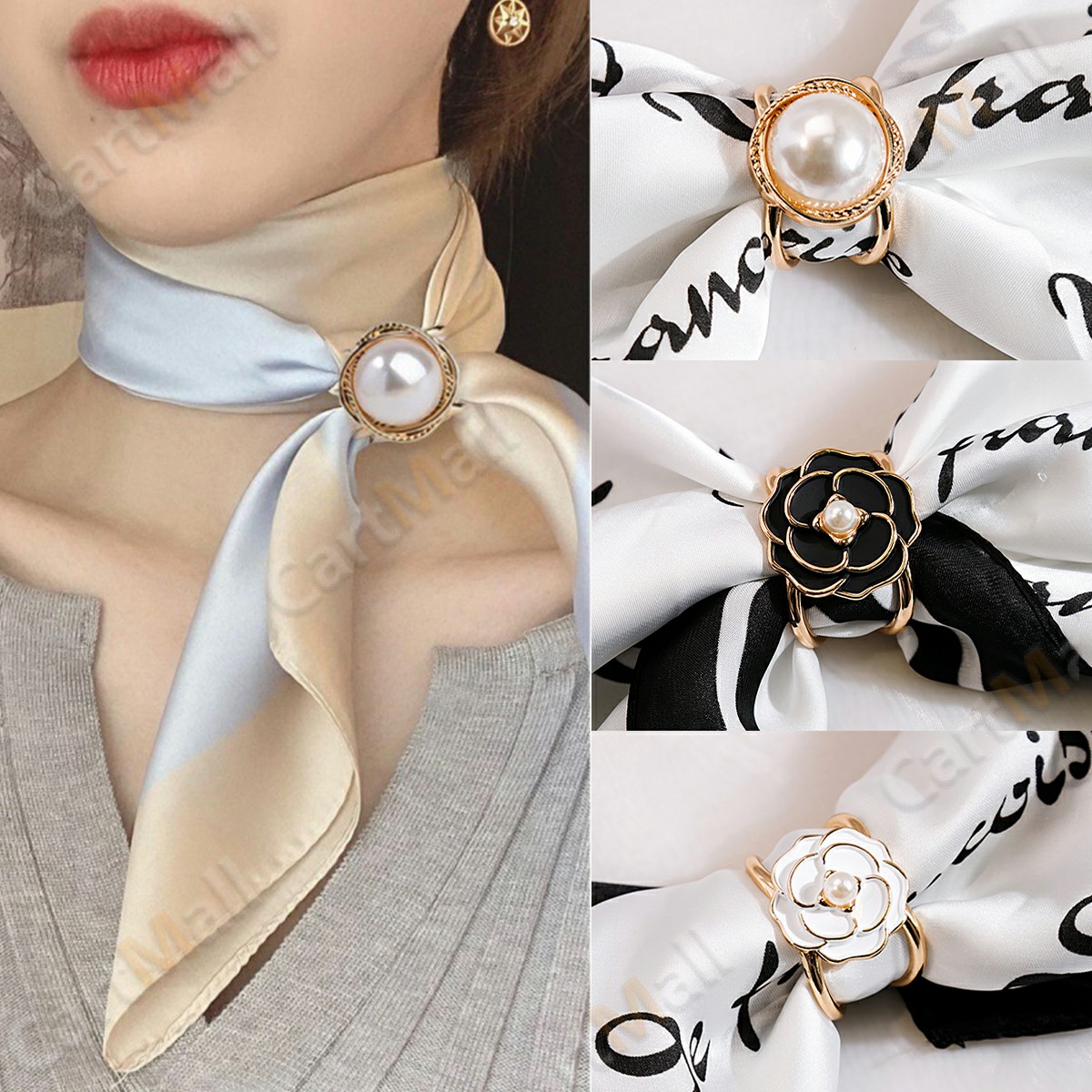 3PCS Elegant Pearl Floral Scarf Ring Clip Camellia Flower Scarf Buckle for Women  Scarf Ring Buckle Women Fashion Metal Shawl Clip Buckle Lady Girls  Decoration Accessories (20mm-A)