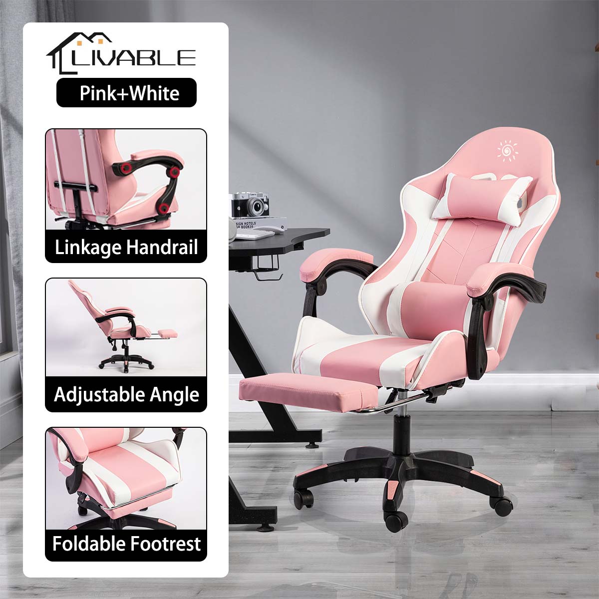 LIVABLE Adjustable Gaming Chair Ergonomic Office Chair with Footstool E-sports Reclining Chair Leather Computer Chair - Image 4