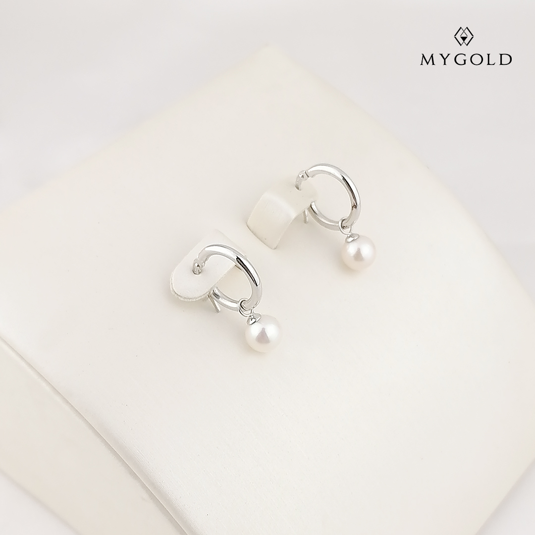 14K White Gold Pearl Hoop Earrings by MyGold