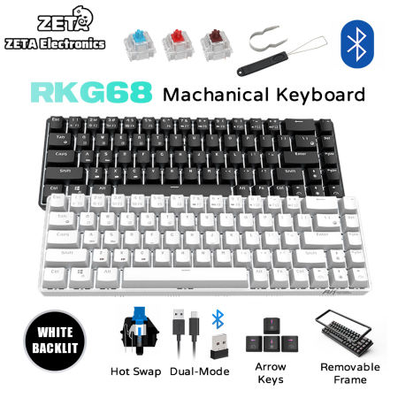 RKG68 DK68 Bluetooth Mechanical Keyboard Wireless 65% White Backlit HotSwappable Gaming Keyboard Brown/Red Switch Tri Mode From Zeta Electronics