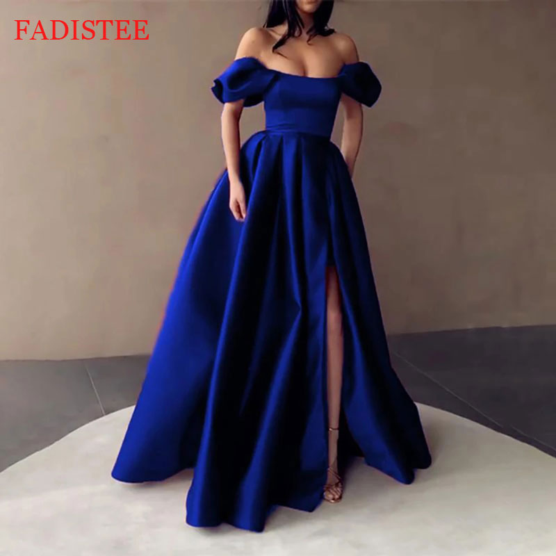 Royal Blue Satin Prom Dresses Strapless 
