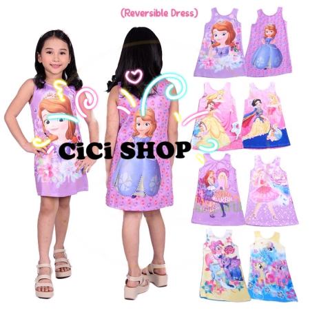 CiCi kids Girls Fashion Cartoon 2 in 1 Princess Dress Girl Party Reversible Dress Pajama Dress 3-8Y