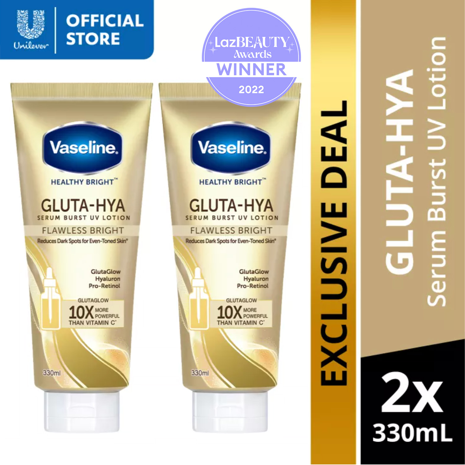 Lazada Philippines - Buy 1 Get 1 FREE Vaseline Healthy Bright Gluta-Hya Serum UV Lotion Flawless Glow 330ml