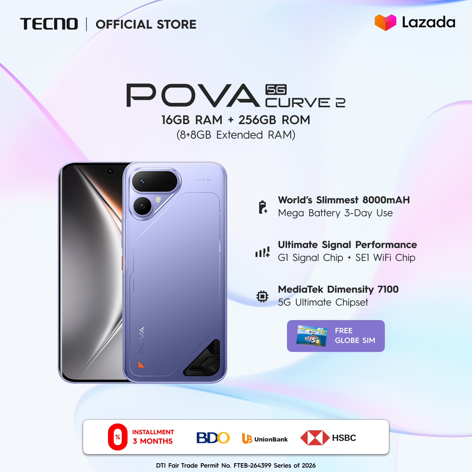 TECNO POVA CURVE 2 5G 16GB (8+8)+256 / World"s Slimmest 8000mAh Mega Battery / 7.42mm Ultra-Thin Body / Ultimate Signal Performance / MTK 7100 5G