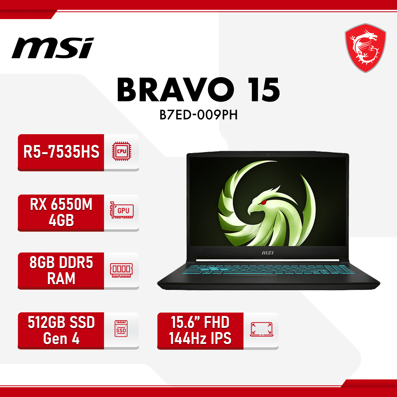 MSI Bravo 15 B7ED-009PH | 15.6" FHD 114Hz IPS | Ryzen 5 7535HS | 8GB DDR5 | 512GB SSD | RX 6550M Gaming Laptop