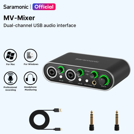 Saramonic MV-Mixer Dual-Channel Audio Interface Selectable 48V Phantom Power for Singers Guitarists Musicians Podcasters Producers Streaming