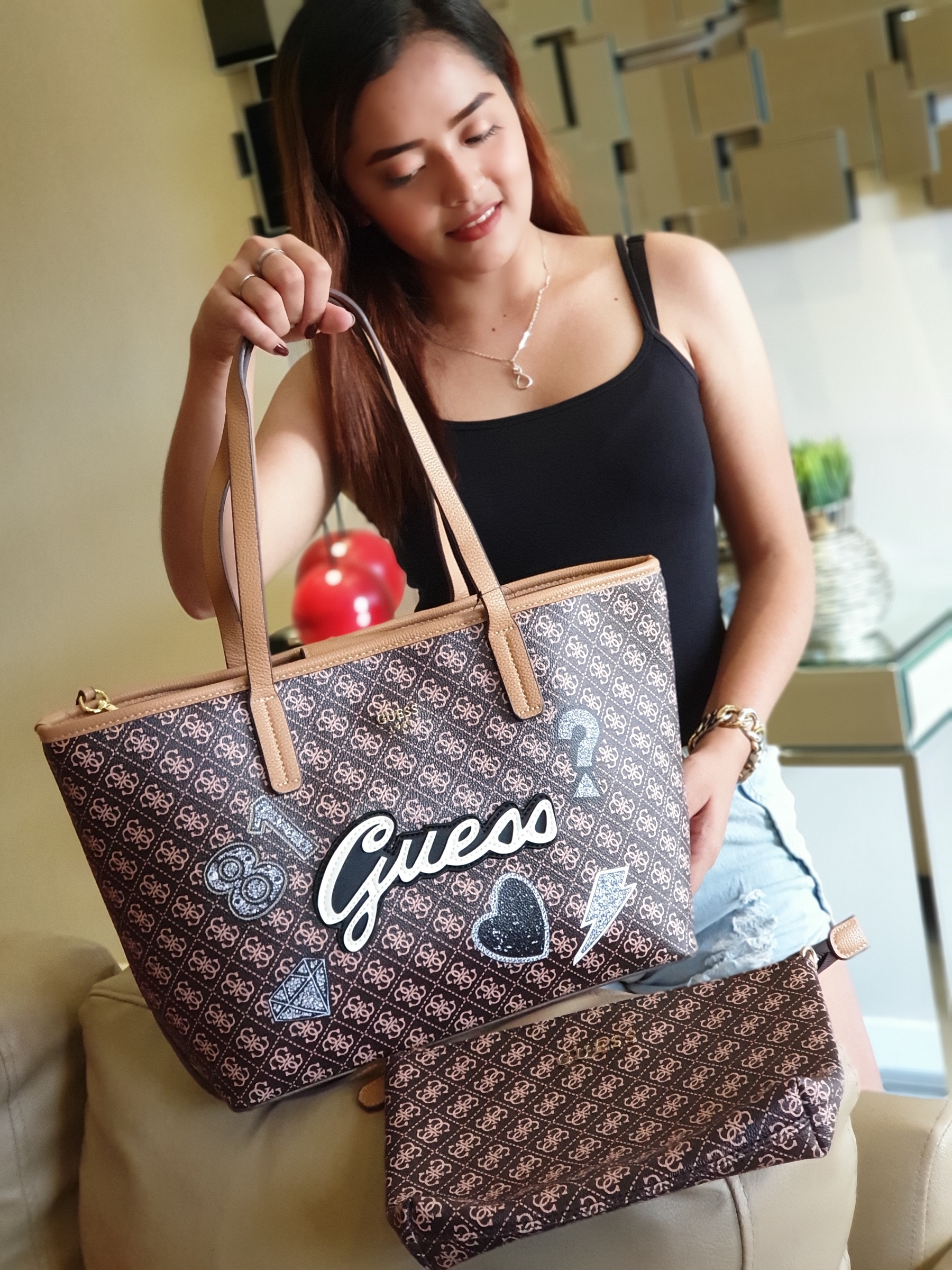 Guaranteed Authentic Guess Women's Classic Tote Bag Vikky 4G Logo in  Signature Coated Leather Quattro G Logo Print with Patches - Brown