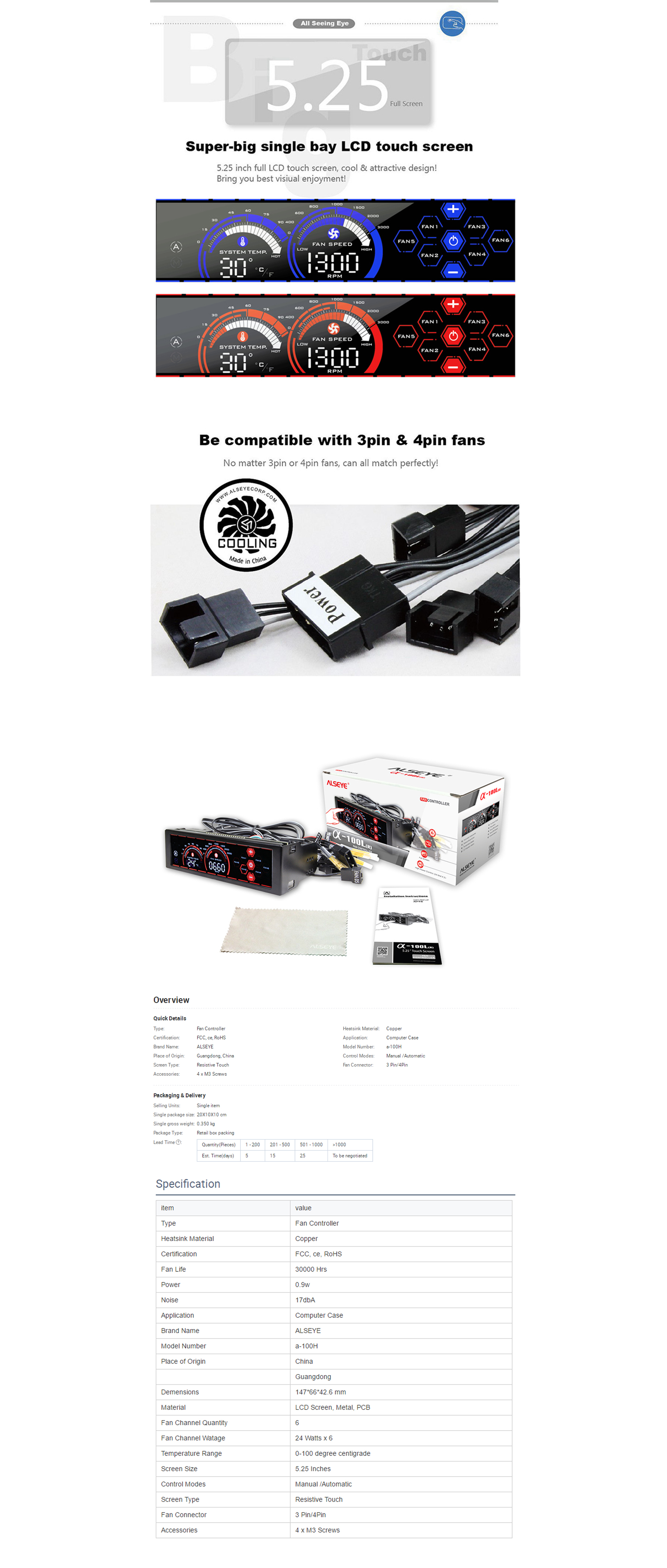 Alseye A-100L 6 Channels Computer Fan Controller with 5.25Inches LCD Touch  Screen Panel for Water Cooling Pump and Fans Controls for Computers Units 