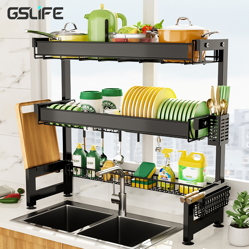  GSlife Over The Sink Dish Drying Rack Stainless Steel 2 Tier Dish  Rack Above Kitchen Sink Shelf Durable Dish Drainer, Black: Home & Kitchen