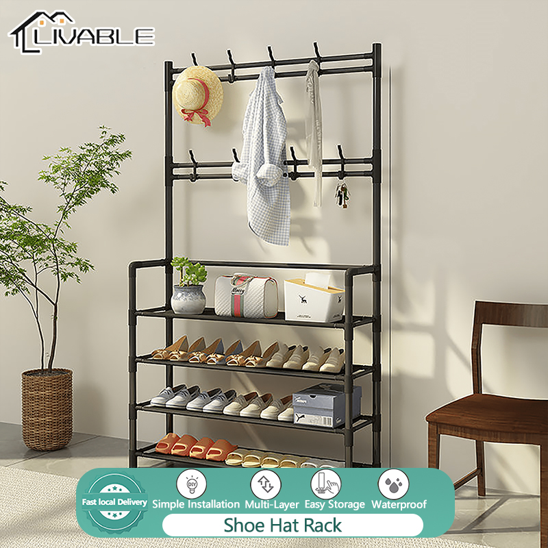 LIVABLE 4 Layer Shoe Hat Rack Stainless Steel Floor Coat Rack Multifunctional Shoe Rack Storage Organizer with Hooks