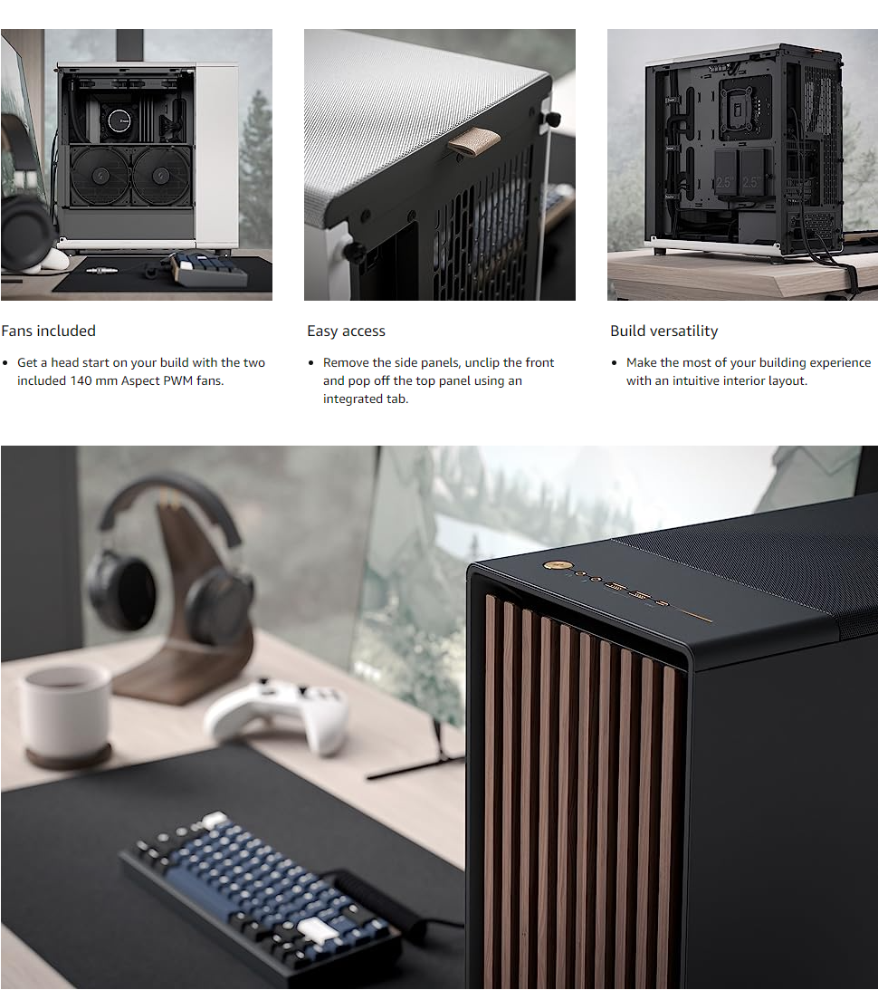 Fractal Design North Charcoal Black - Genuine Walnut Wood Front - Mesh Side  Panels - Two 140mm Aspect PWM Fans Included - Type C USB - ATX Airflow Mid