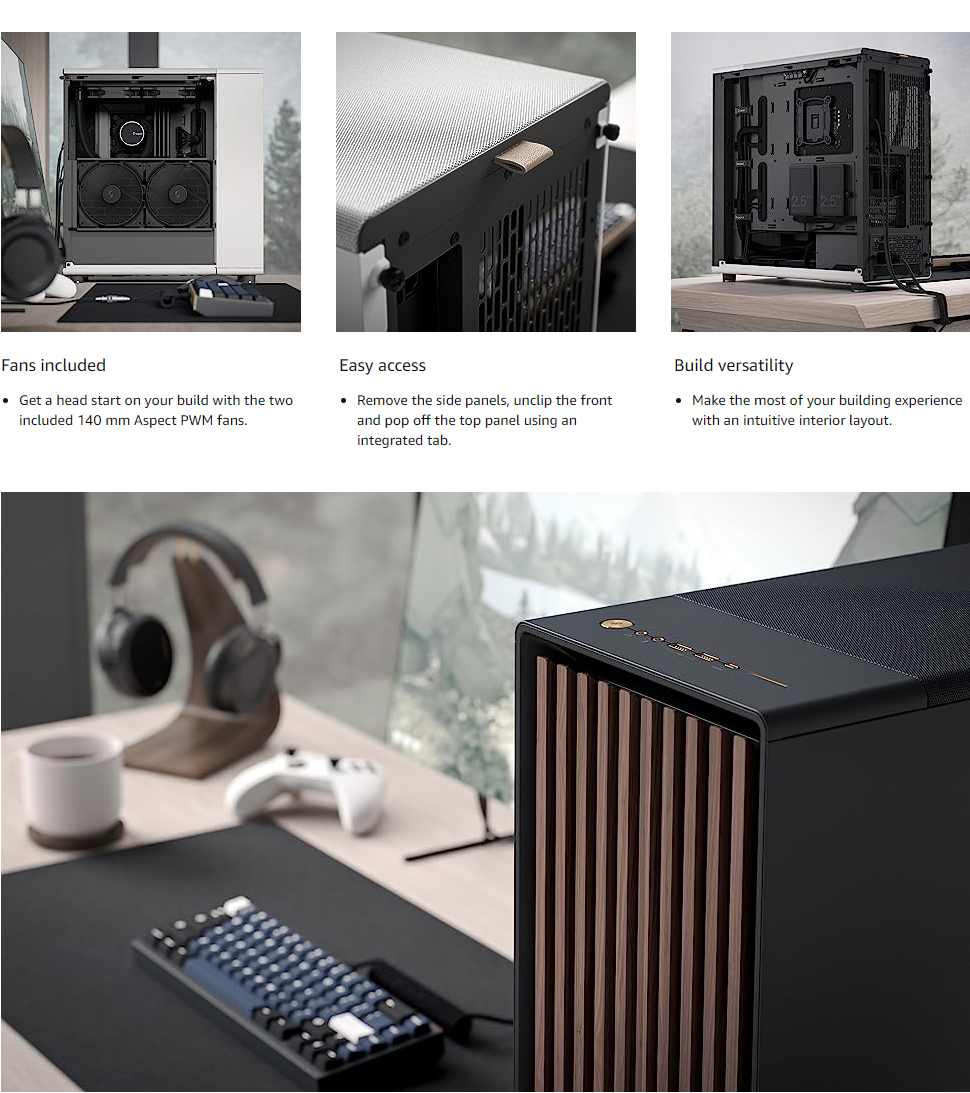 Fractal Design North ATX mATX Mid Tower PC Case - North Charcoal Black with  Walnut Front and Dark Tinted TG Side Panel