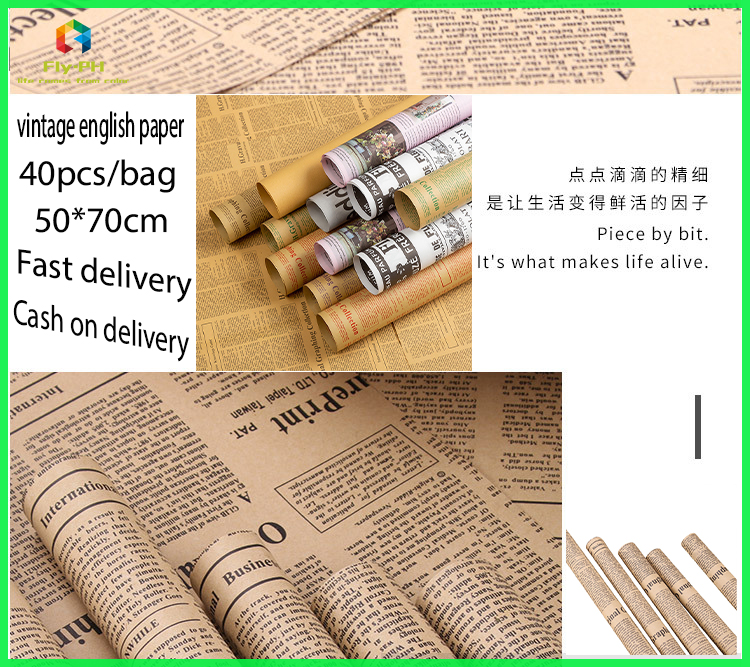 5PCS】50*70cm Gift Wrapping Paper Flower Packaging Material Kraft Paper  English Newspaper Bouquet Flower Packaging Material Kraft Paper English Newspaper  Bouquet