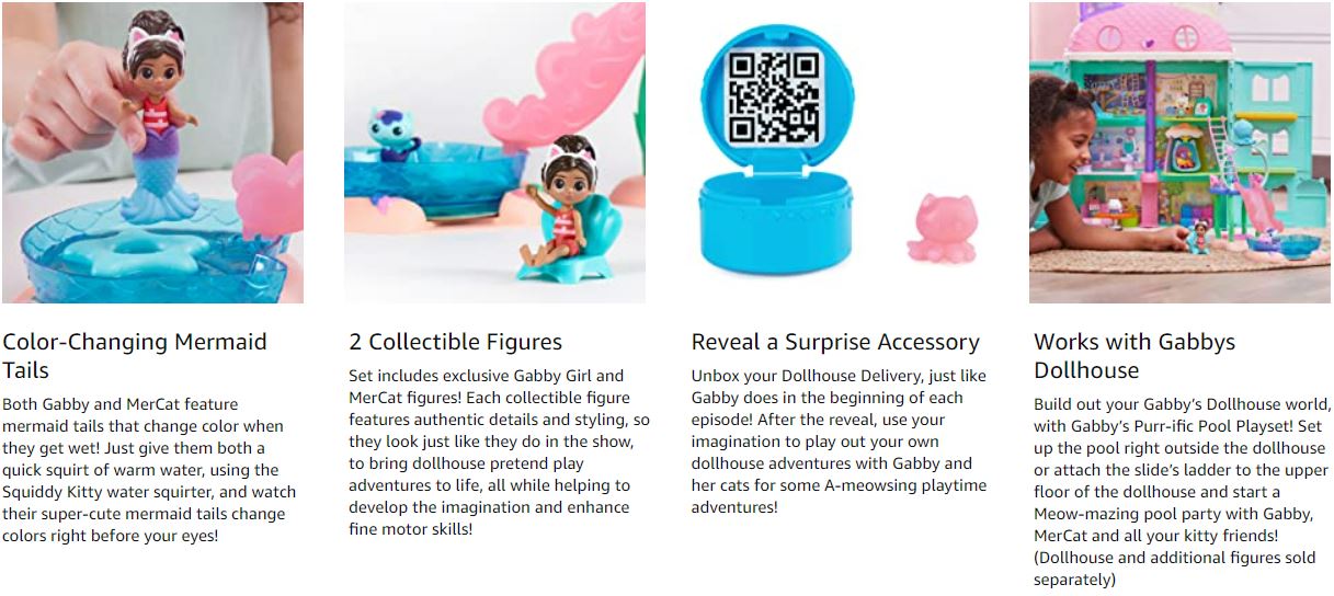 Gabby's Dollhouse, Purr-ific Pool Playset with Gabby and MerCat Figures,  Color-Changing Mermaid Tails and Pool Accessories