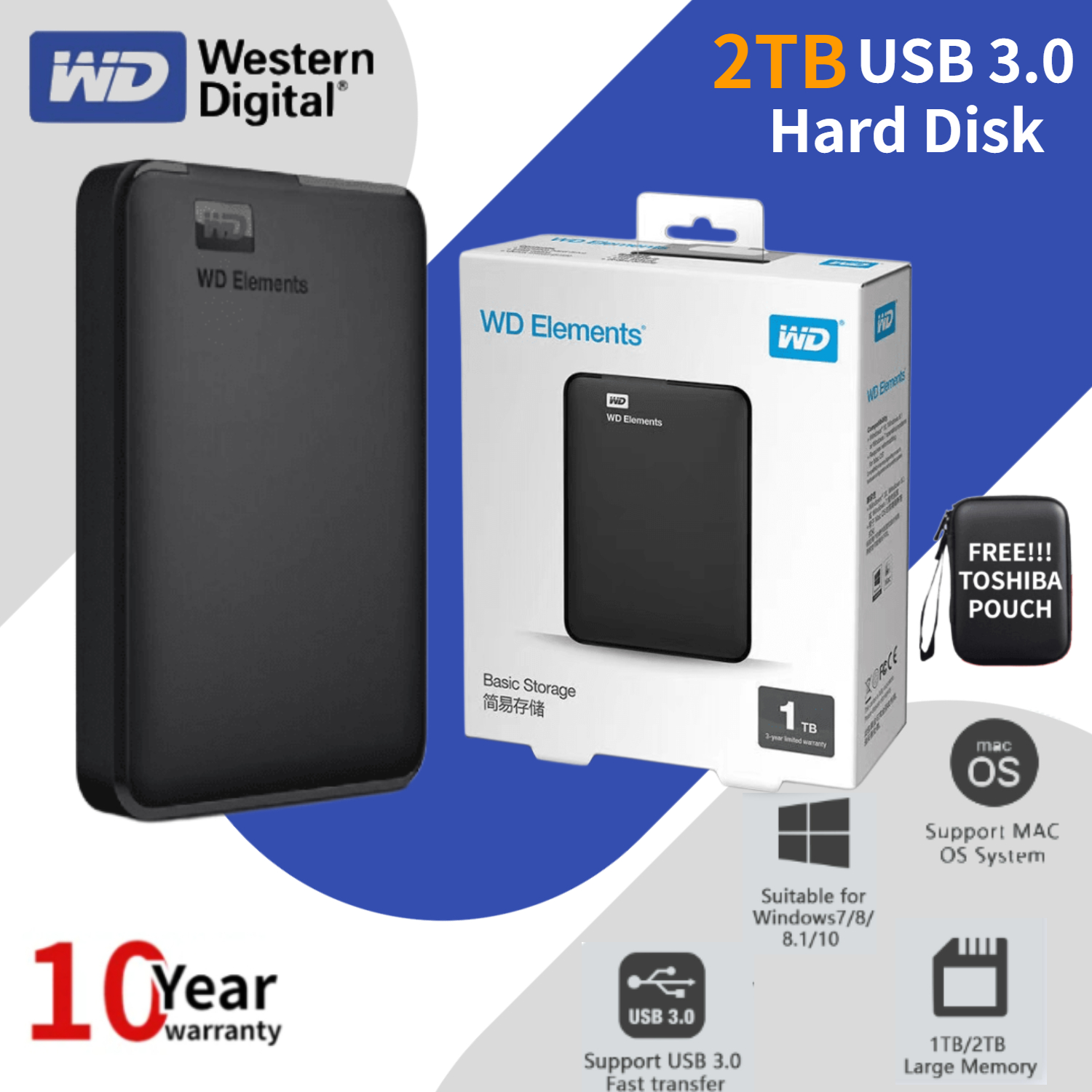 WD Elements Portable Hard Drive - 1TB/2TB USB3.0 External HDD