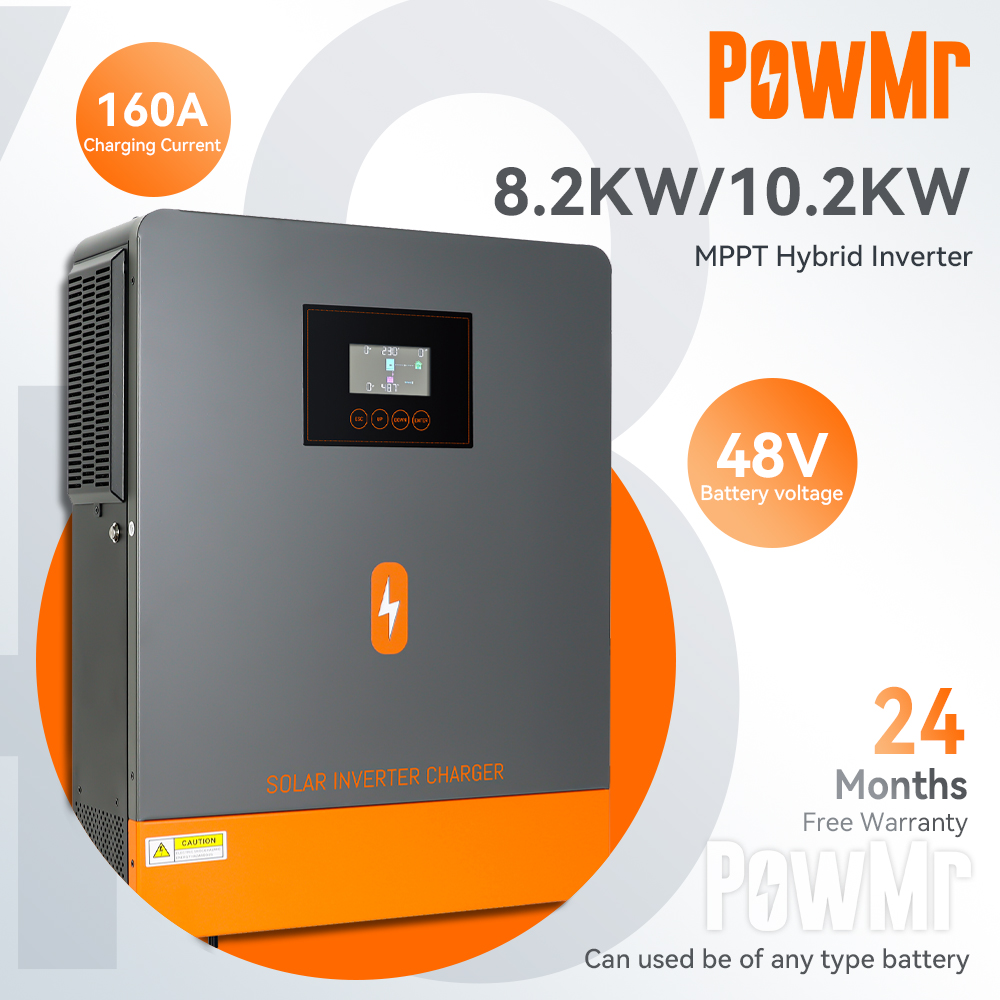 PowMr 8.2KW/10.2KW Hybrid Inverter 48v Off Grid/On Grid Switchable Solar Inverter Built in 160 MPPT Solar Charger Controller Can Work Without Battery