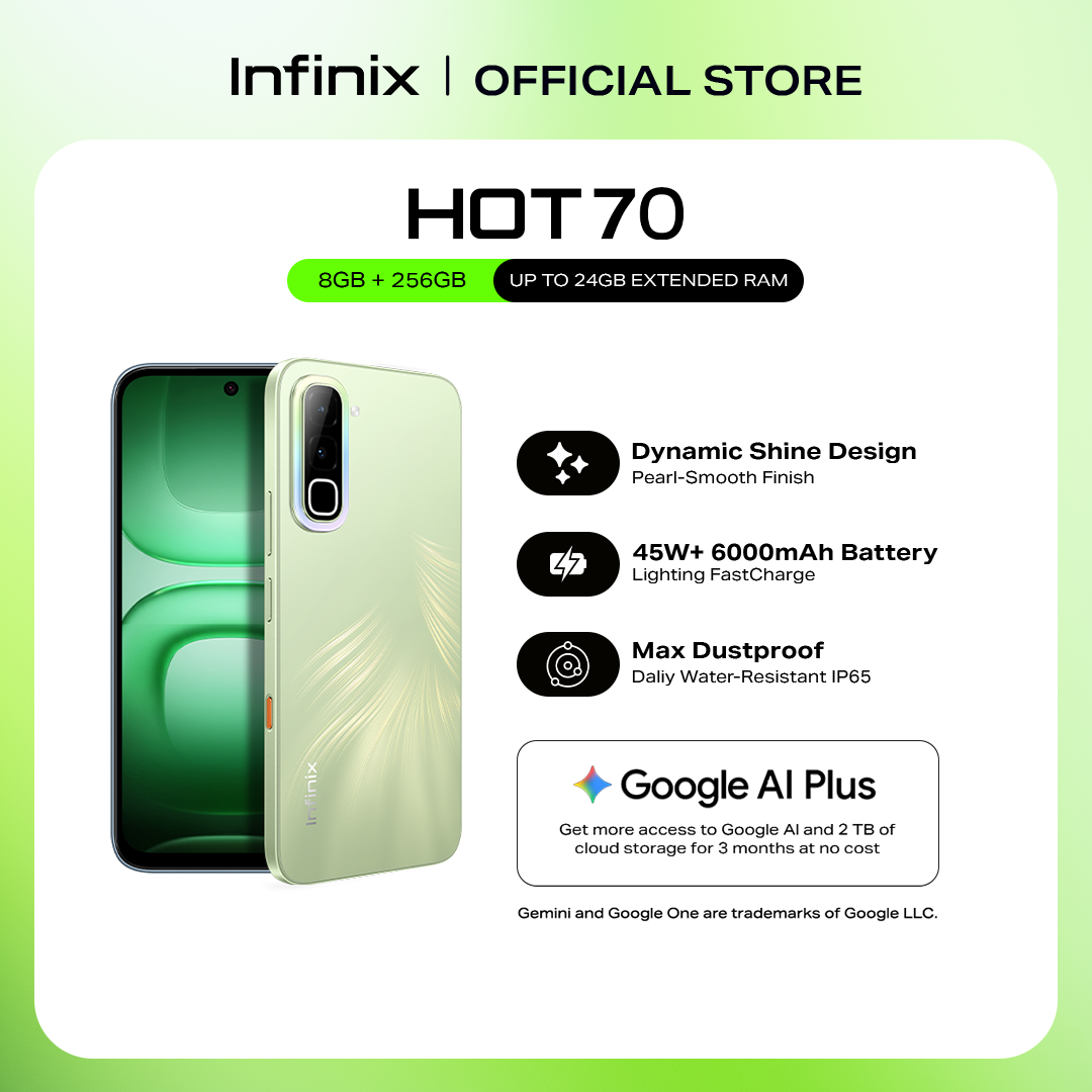 「NEW Arrival」- Infinix HOT 70, (up to 24GB [8GB + 256GB] Dynamic Shine Design with Baby-Smooth Finish / 45W+ 6000 mAh Battery + Lighting Fast Charge / Dust, Water & Drop Proof IP65 SG5G Certified (1 year local warranty) Smart Phone