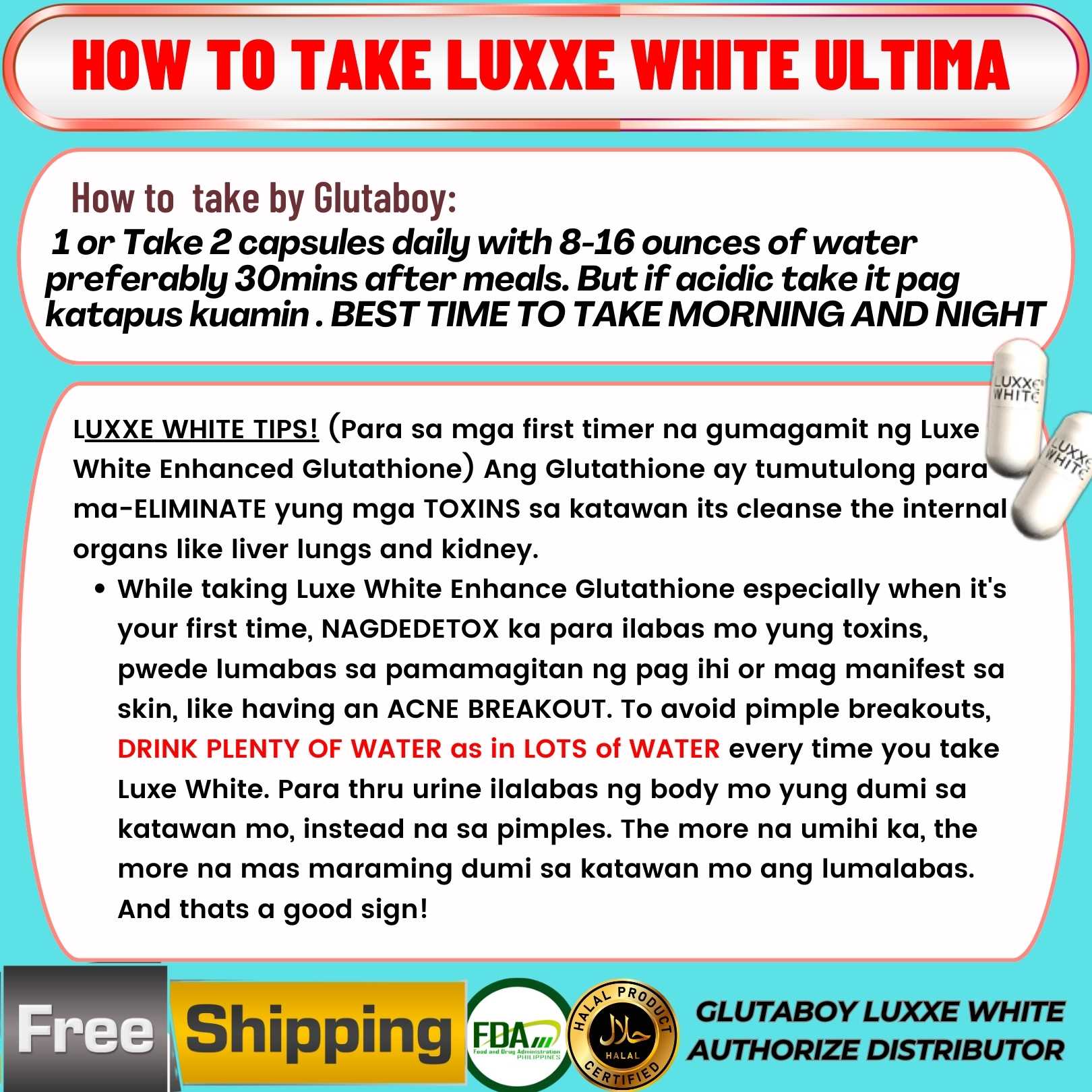 FRONTROW LUXXE WHITE ULTIMA 60s 1400MG GLUTATHIONE WITH COLLAGEN AND  NIACINAMIDE BENEFITS PAMPAPUTI ORAL SUNBLOCK ORAL MOISTURIZING FOR ACNE  PIMPLE SKIN WHITENING DARK SPOT VITAMIN C E HALAL FRONTROW S ACETYL beauty