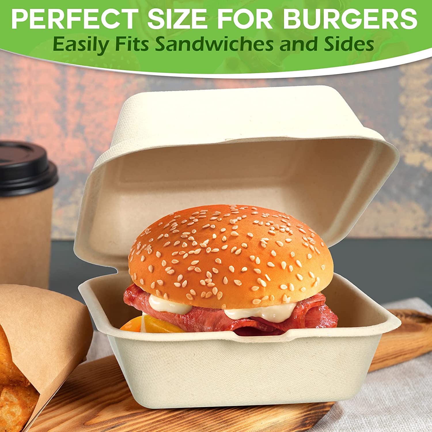 50PCS Disposable Biodegradable 8 Inch Hamburger Box,Bento Lunch