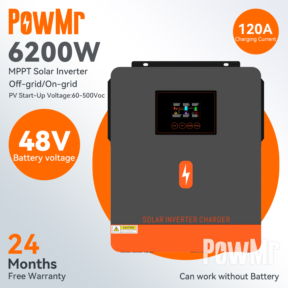 PowMr 6.2kw On-Grid/Off-Grid Hybrid Inverter 48Vdc 230VAC PV Panel Input 500vdc Pure Sine Wave Solar Inverter Built in 120A MPPT Solar Controller One-click repair function