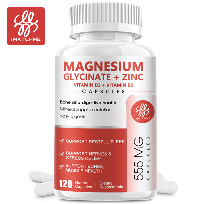 Viên nang iMATCHME Magiê Glycinate với Kẽm Vitamin3, B6 để hỗ trợ sức khỏe xương và tiêu hóa Chức năng thần kinh Giảm căng thẳng Cải thiện chất lượng giấc ngủ