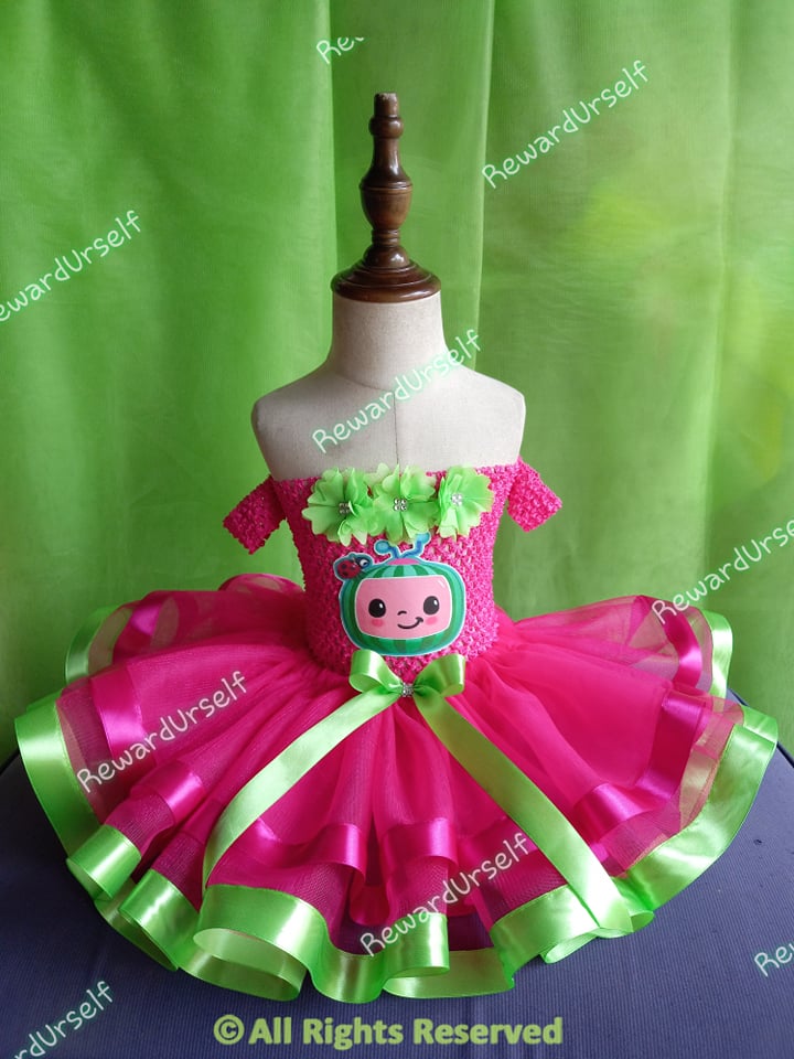 cocomelon inspired birthday/party tutu dress for babies available ages 1-7 yrs old with Free Headdress