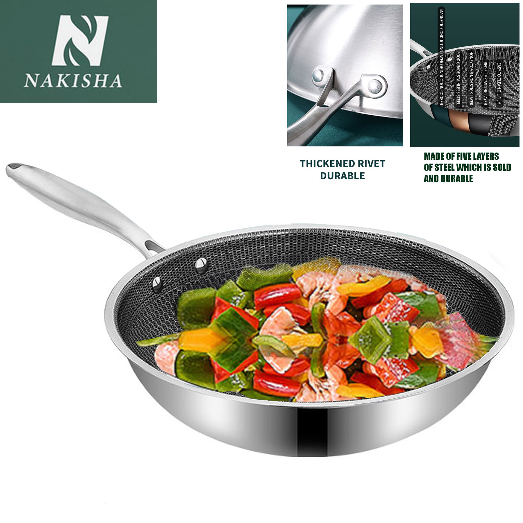 AUNeed PH, Stainless Steel Honeycomb Wok Pan/Frying Pan Non Stick Frying  Sauce Pan Scratchproof