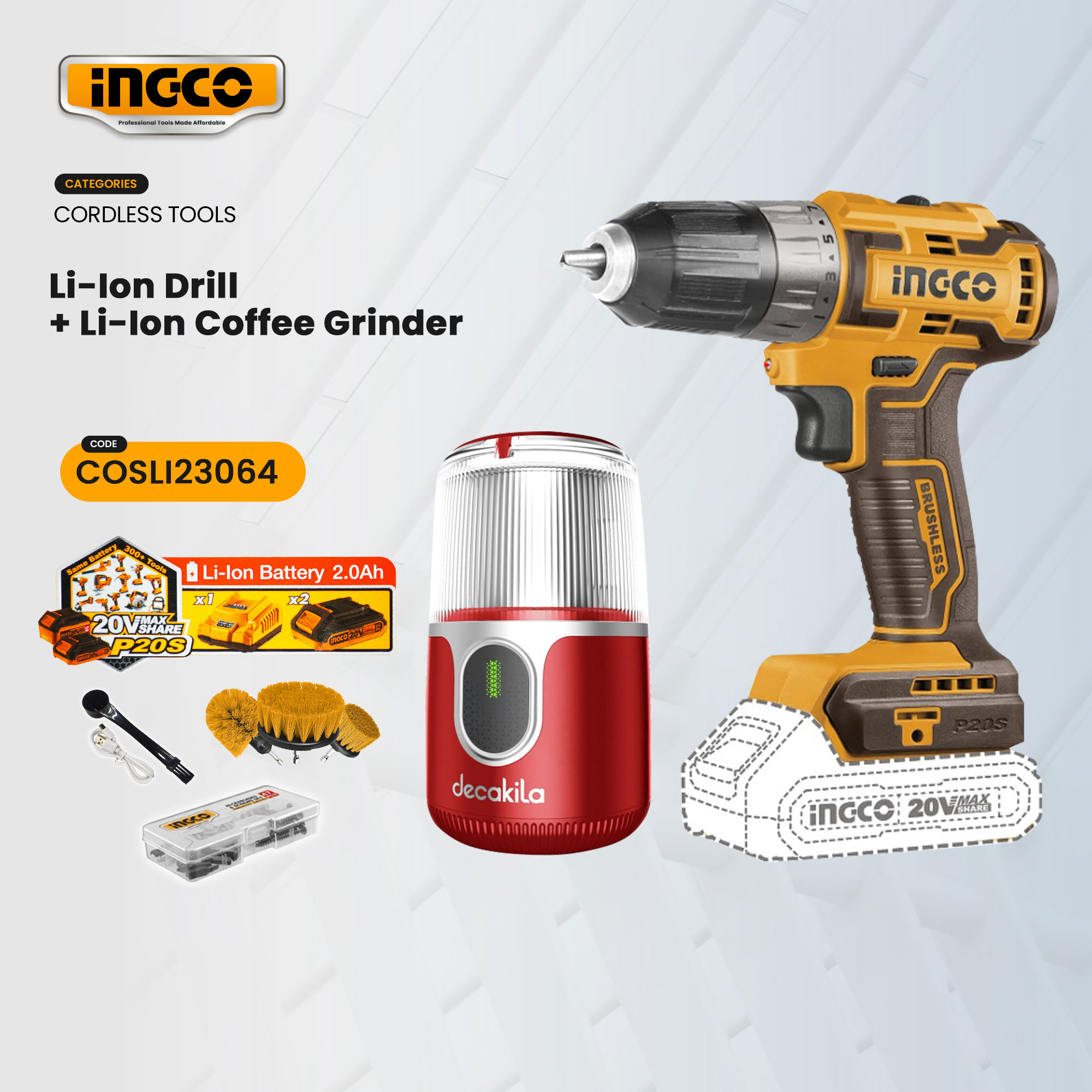 Ingco Li-on 20V Cordless Drill With Coffee Grinder 2pcs Combo Kit COSLI23064 / CDLI200528 IPT Presyo 4,399 Piso*Libreng Shipping