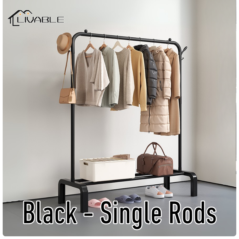 LIVABLE Clothing Garment Rack Single/Double Pole Sampayan with Lower Storage Shelf for Boxes Shoes Boots Bedroom Drying Rack - Image 2