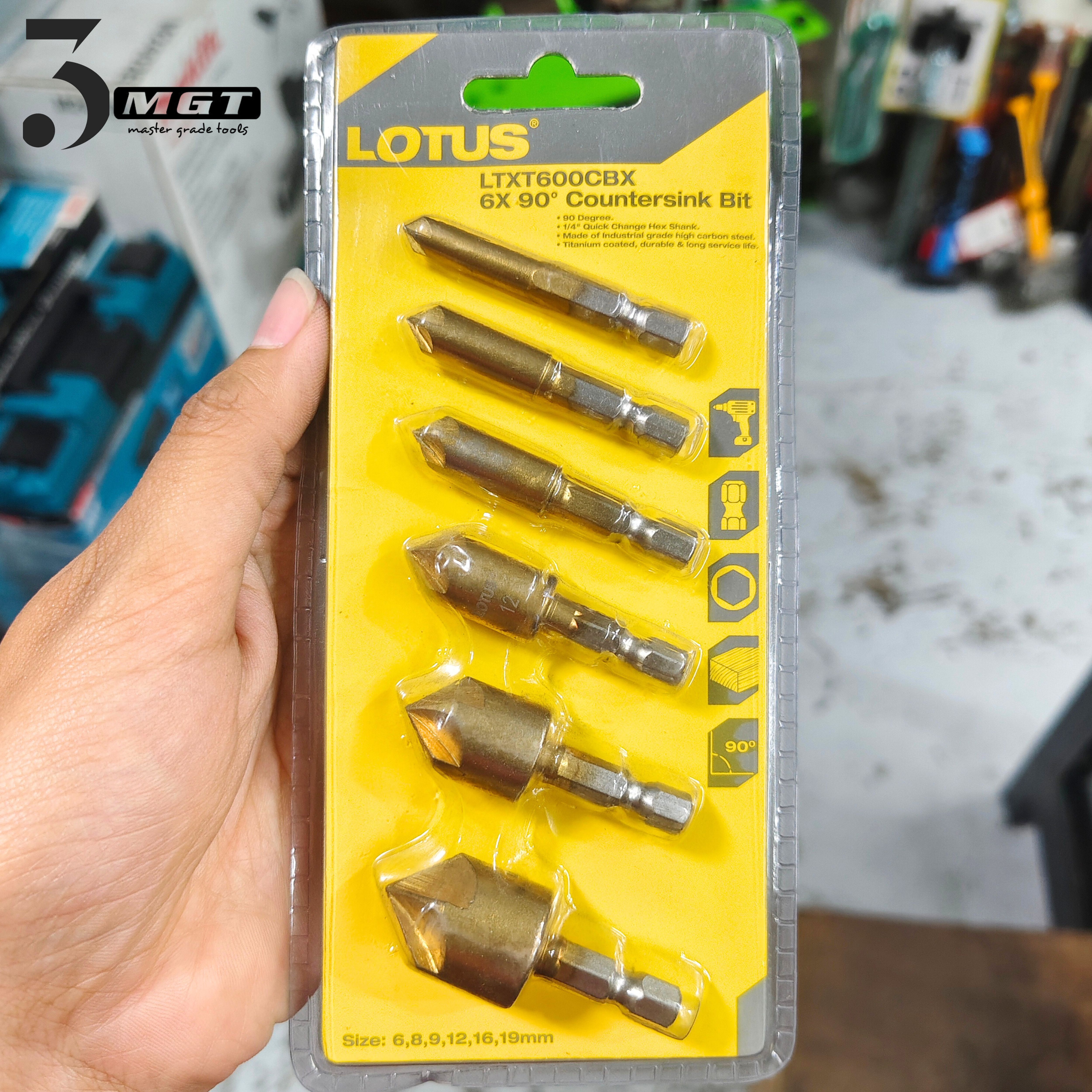 6-Piece Hex Countersink Drill Bit Set – 5-Flute 90° Titanium Coated, 6mm To 19mm, For Wood & Soft Materials