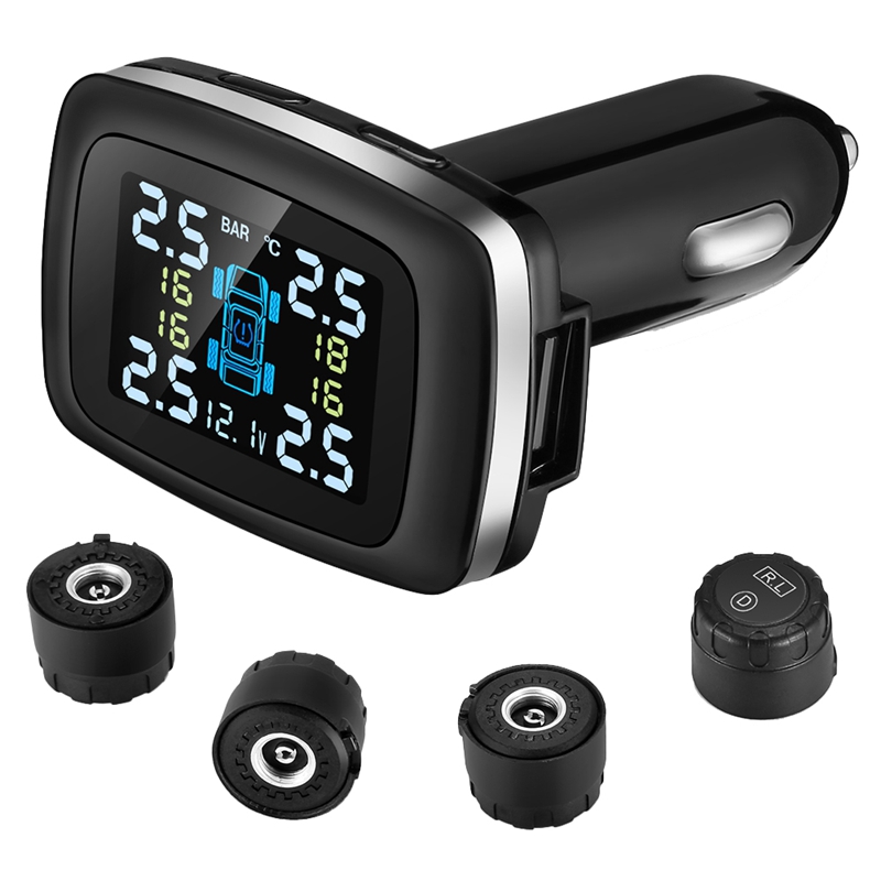 INFITARY Motorcycle TPMS Wireless Tire Pressure Temperature Monitoring System Magnetic Suction USB Large LCD Digital 12/24-hour Clock Real Time Display Accurate Two Decimal Point 2 External Sensors 