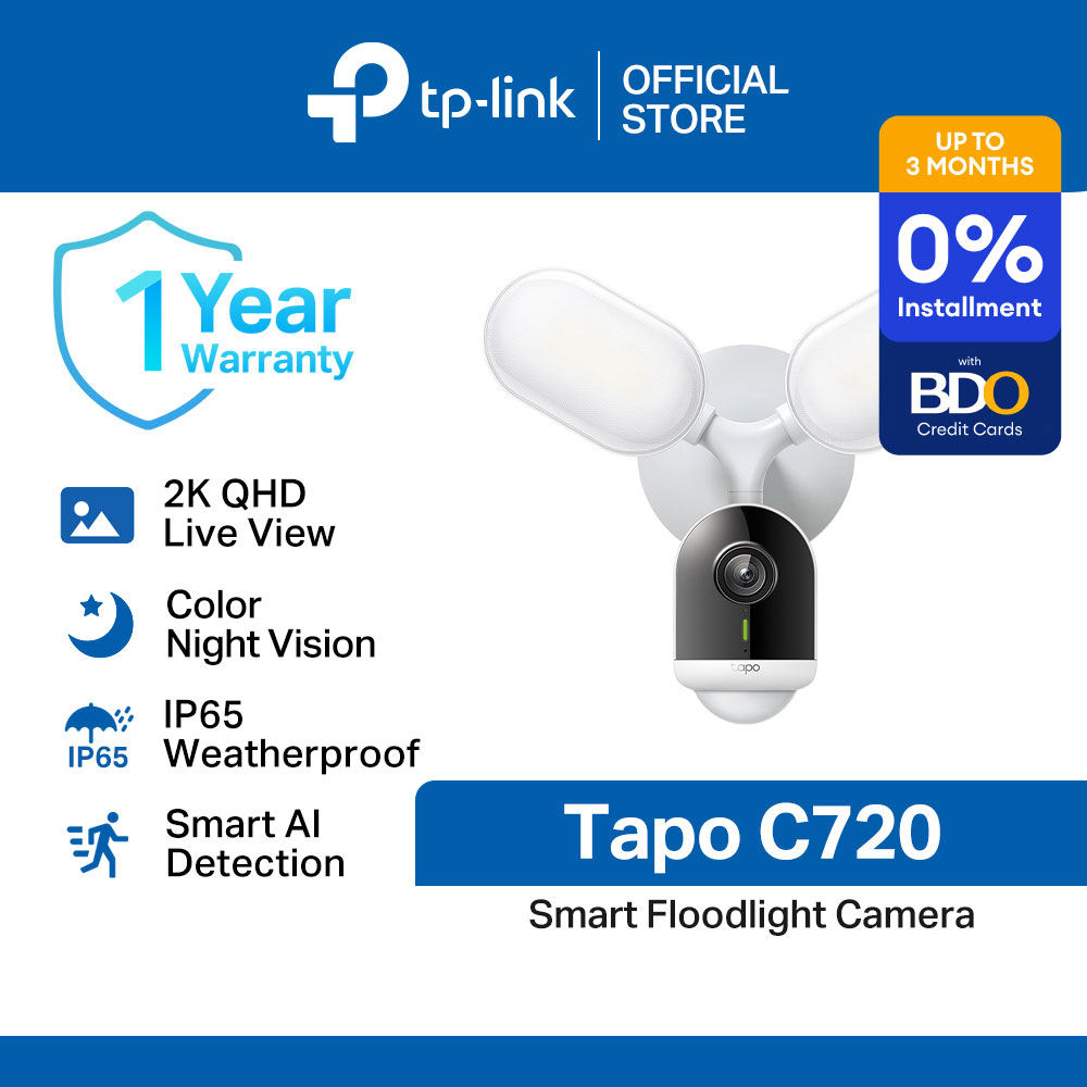 TP-Link Official Store / Tapo C720 / 2K QHD Live View Smart Floodlight Outdoor WiFi IP Security Cctv Sale Camera Connect to Cellphone with Mic and Speaker