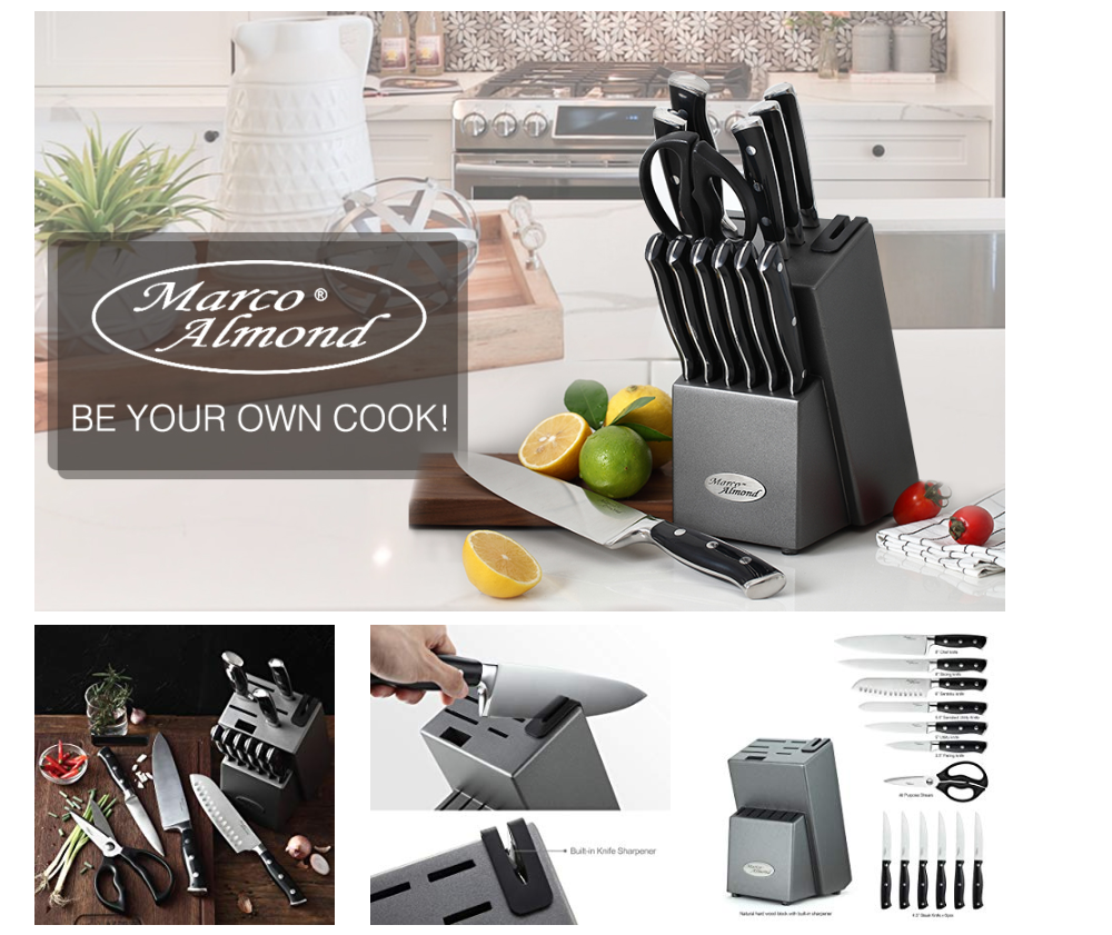 Marco Almond® Kitchen Knife Set with Block KYA31,14 Pieces Japanese  Stainless Steel Cutlery Knives Block Set for Kitchen with Built-in Sharpener