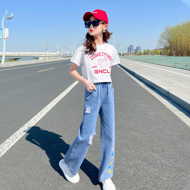 130-160cm Wide Leg Jeans For Girls 7-16 Years Old Children Outwear Long  Trousers Girl Clothing Fall Spring Girl Jeans High Waist Trend Wide Leg  Pants