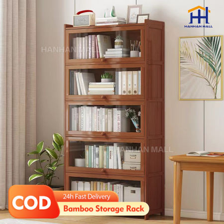 6 Layer Wooden Bookcase Large Storage Books Shelves Organizer 2/3/4/5 Thicker Bamboo Display Cabinet with Acrylic Door Storage Bookshelf with Transparent Door Living Room Bedroom Kitchen