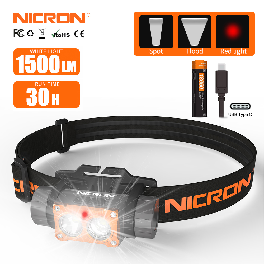 Nicron Đèn pin H25/H28 độ sáng cao Đèn pha 1500lumens/1600lumens tại chỗ/lũ/ánh sáng laser màu đỏ với đôi-swich kiểm soát, đen H25 & ngụy trang H28 đèn pha không thấm nước 18650 Type-C Đèn pin H25/H28 món quà giáng sinh món quà sinh nhật