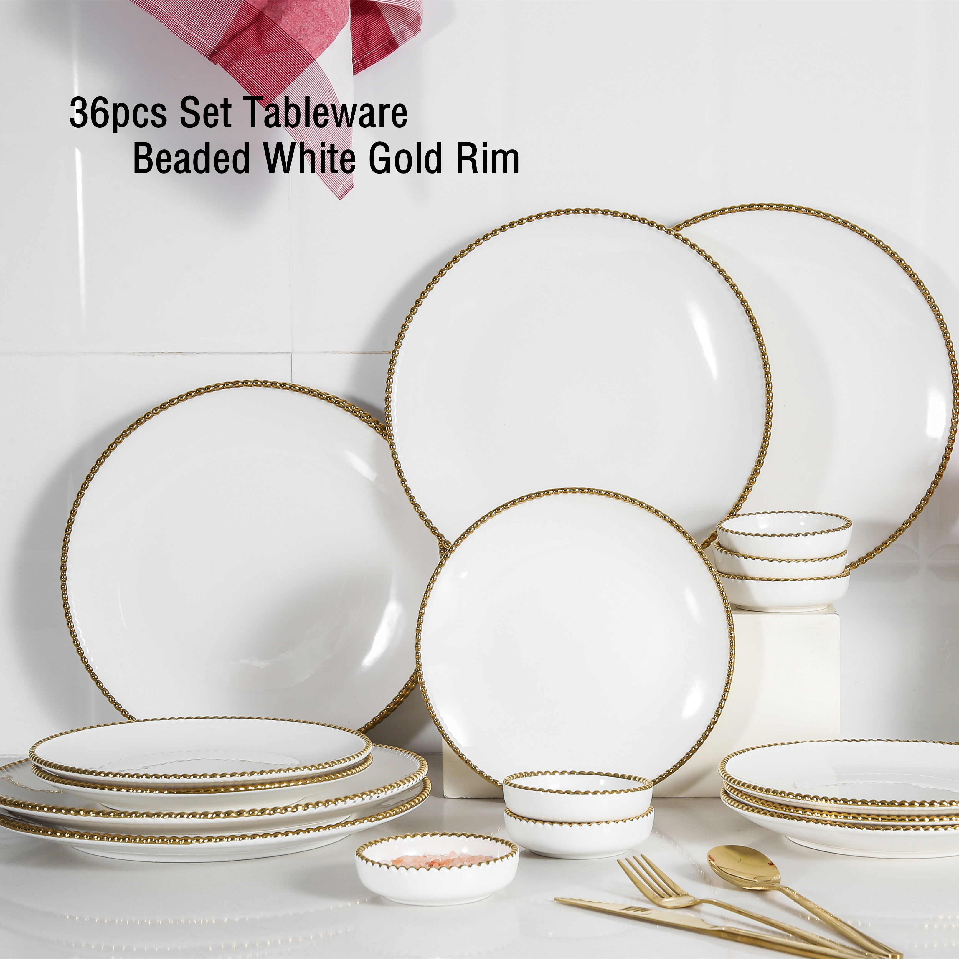 36pcs Set Light Luxury Nordic Ceramic Tabletware Beaded White Gold