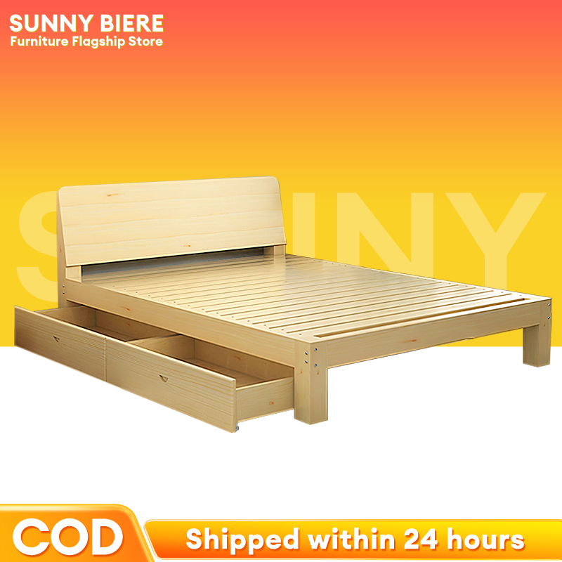 Thick Solid Wood Bed Queen/King Size Solid Wood Bed Bedroom Base With Drawer Storage