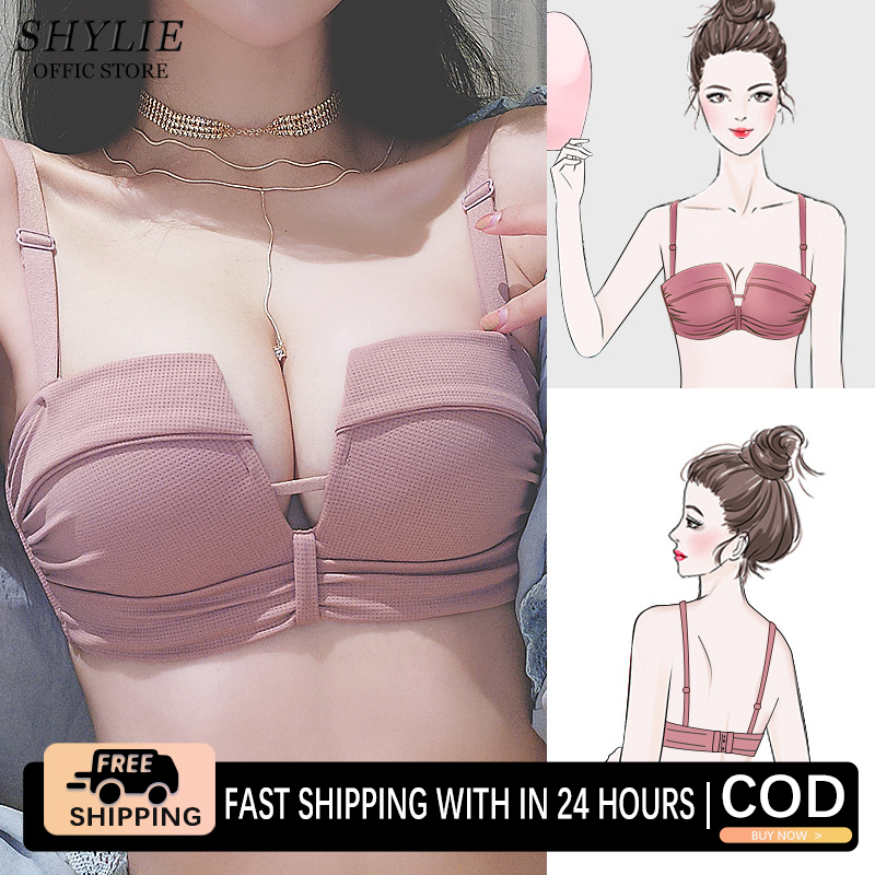 SHYLIE Women Sexy Solid Color Fashion Bra Without Steel Ring Seamless Bra Small Chest Gathered Adjustment Type Push up Bra