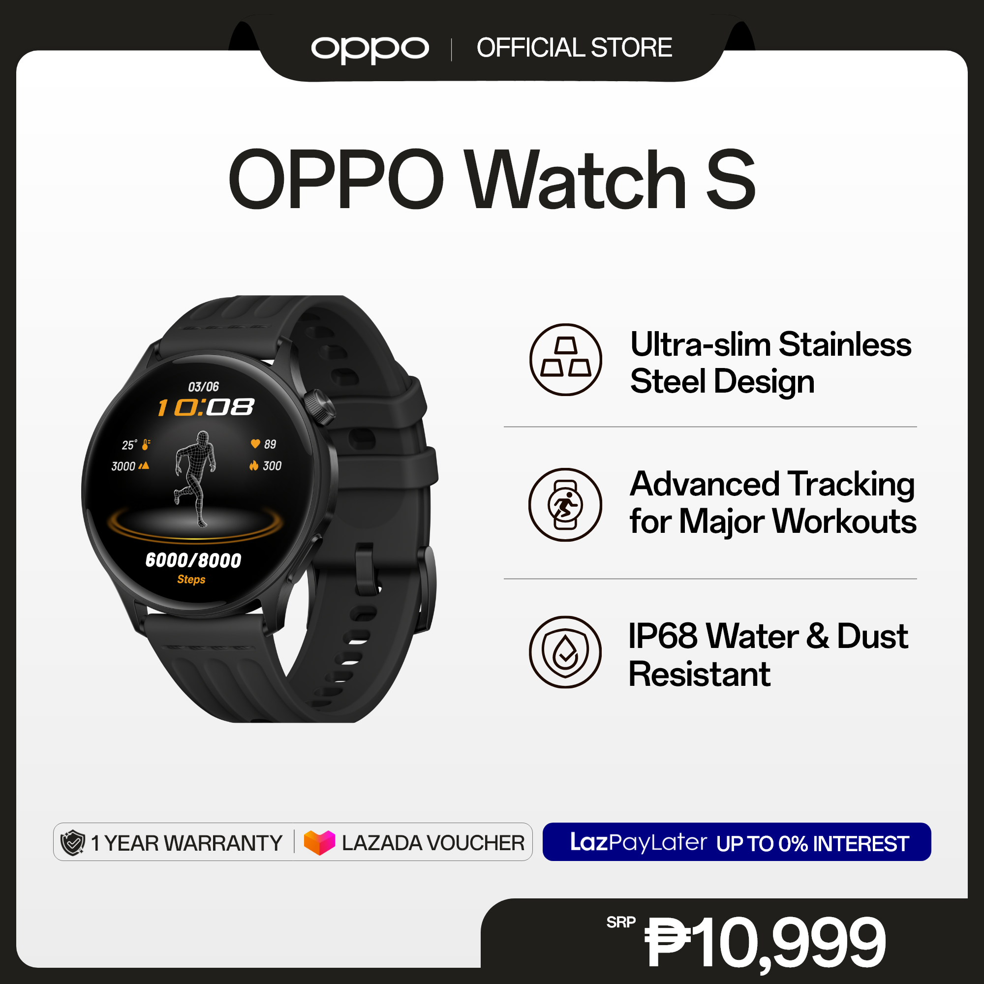 [NEW] OPPO Watch S / Ultra-slim Stainless Steel Design / Advanced Tracking for Major Workouts / IP68 Resistance