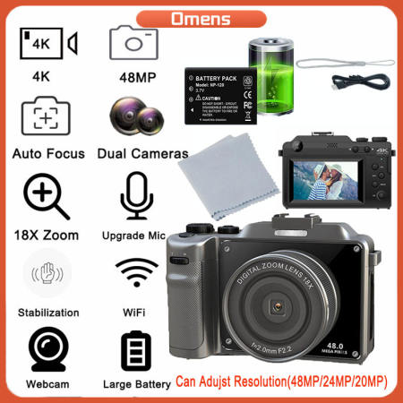 48MP Dual-lens 4K Camera Recorder for Vlogging, Autofocus, Wifi