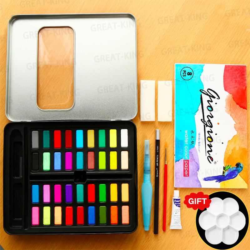 Bview Art Metal Watercolor Tin with Fold-Out Palette, Medium