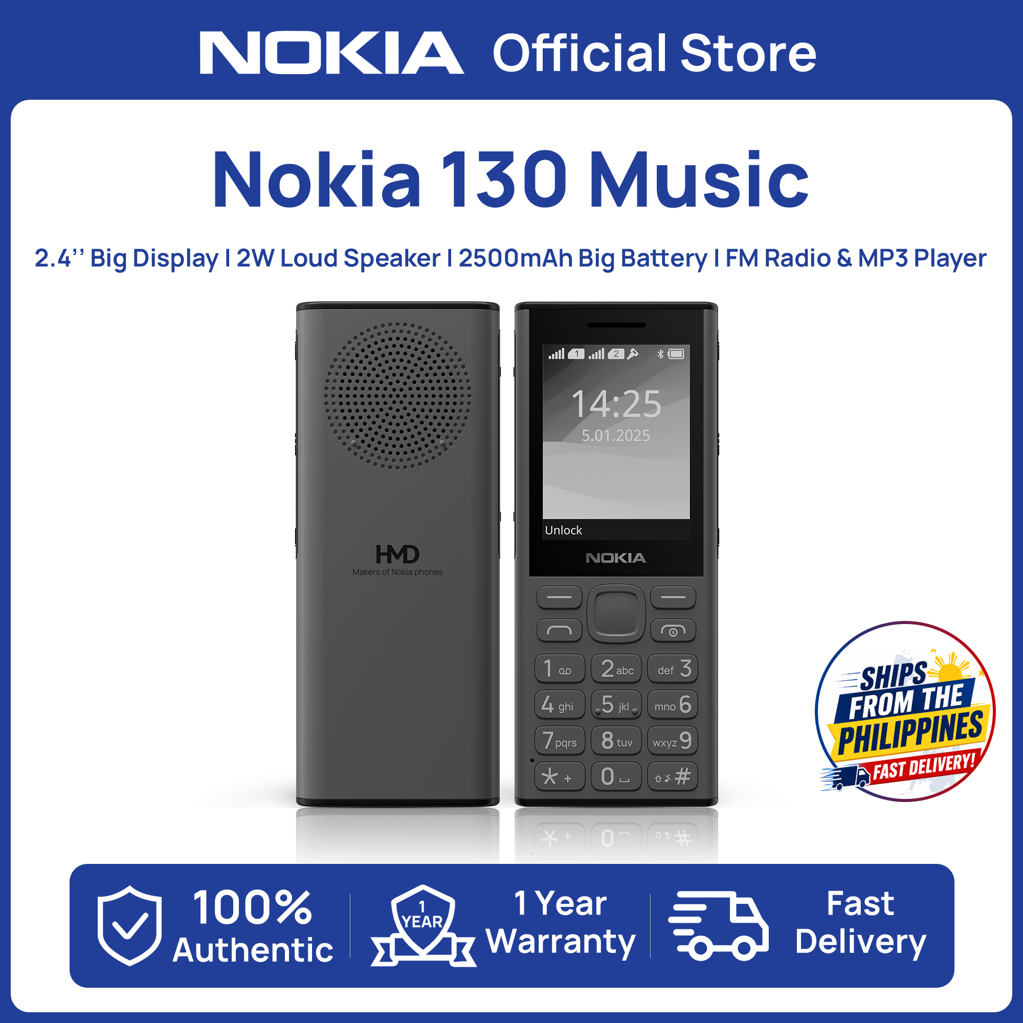 【Top Sales】HMD&Nokia 130 2G 2500mAh LongStandby Dual Sim 2.4" Display 2W Loud Speakers Feature Keypad Basic Phone